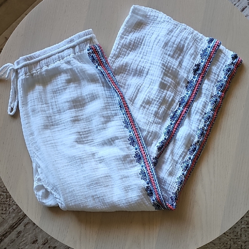 Johnny Was White Womens Embroidered Wide Leg Pants